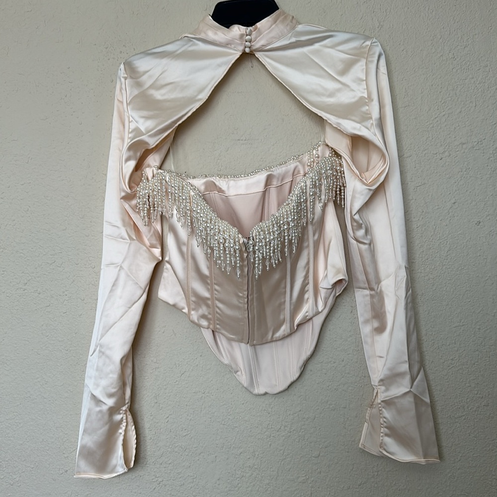 HOUSE OF CB 'Aubrie' Vintage Cream Embellished Satin Corset With Sleeve Size L - Picture 9 of 16